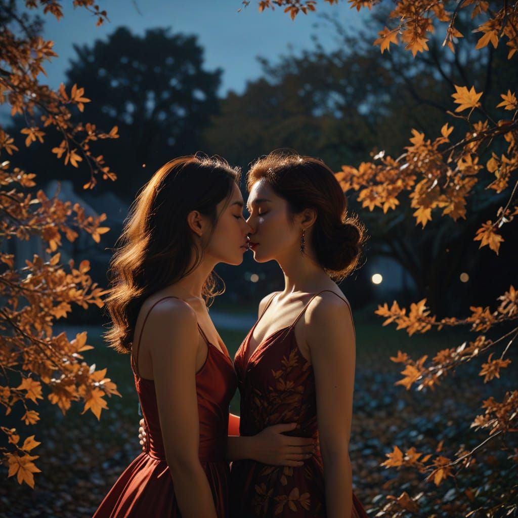 Romantic Moonlit Encounter Under Autumn Foliage