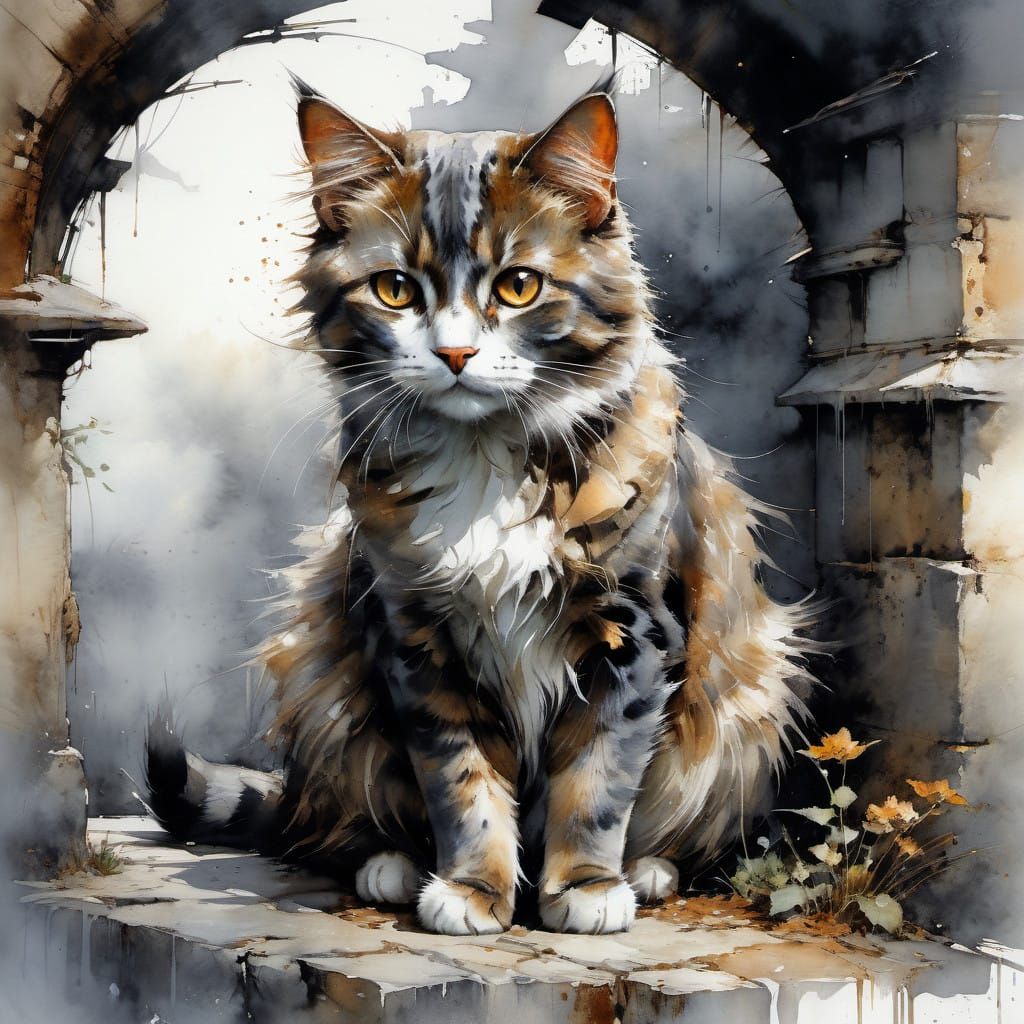 Ethereal Watercolor Portrait of a Feline Friend