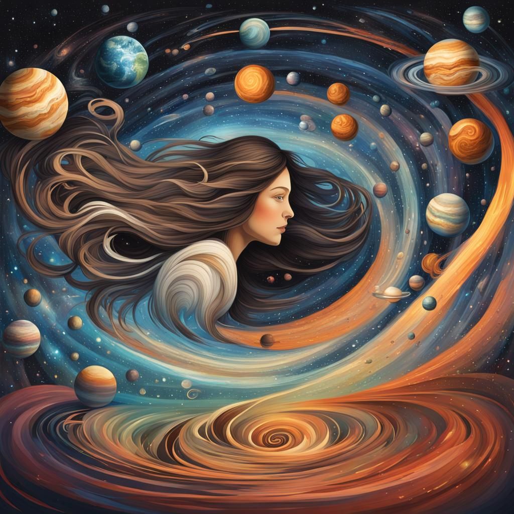 Fantastical Universe Scene with Spiraling Planets
