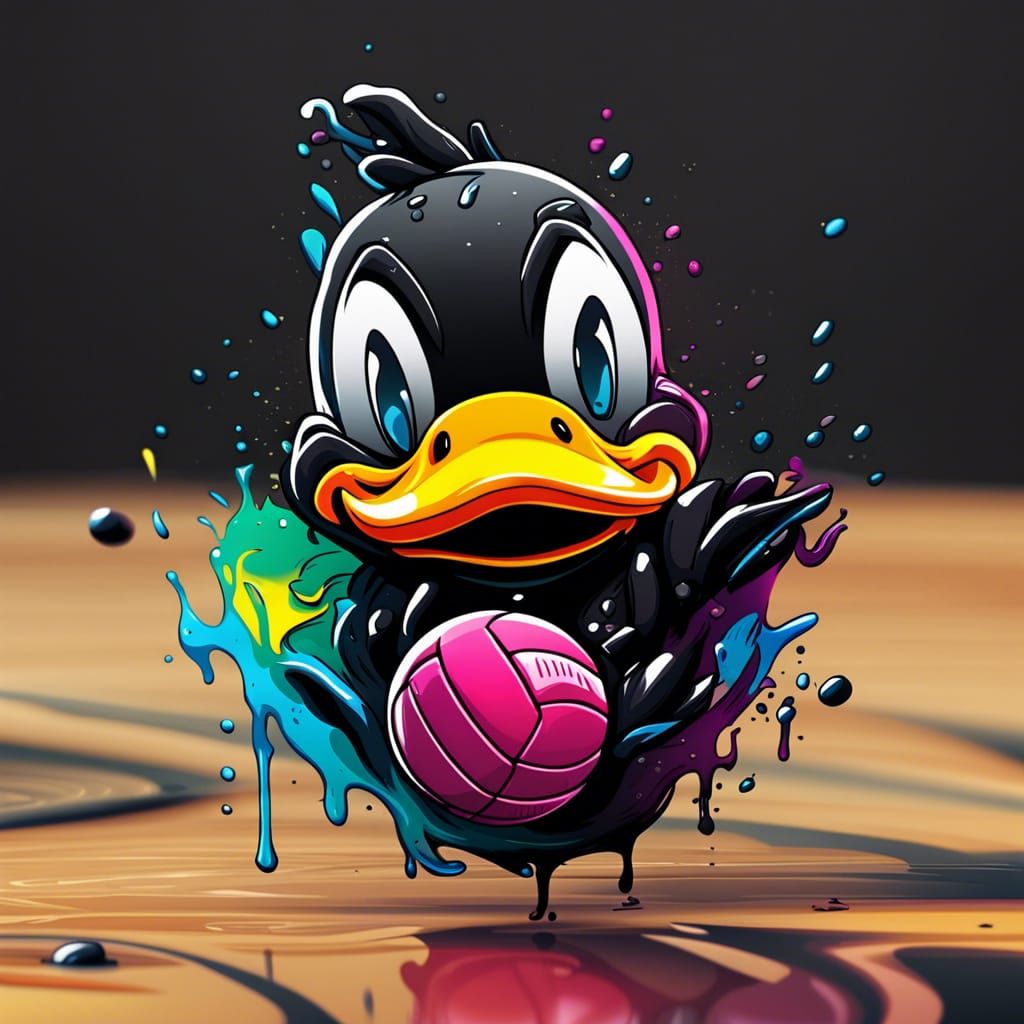 Black Human-Duck Cartoon Volleyball Esports Logo in Graffiti...