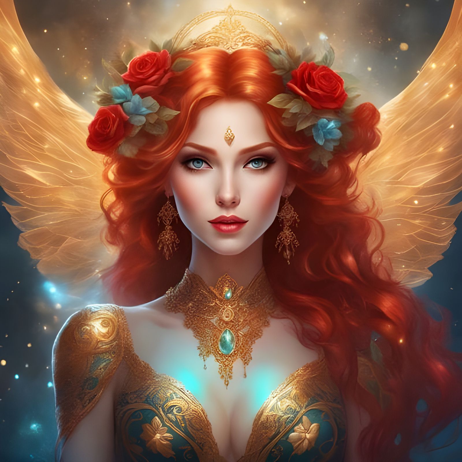 Beautiful Red-Haired Angel in Lingerie with Golden Patterns