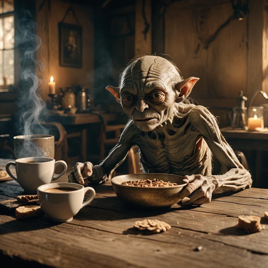 Gollum Sipping Coffee: Cinematic Film Still