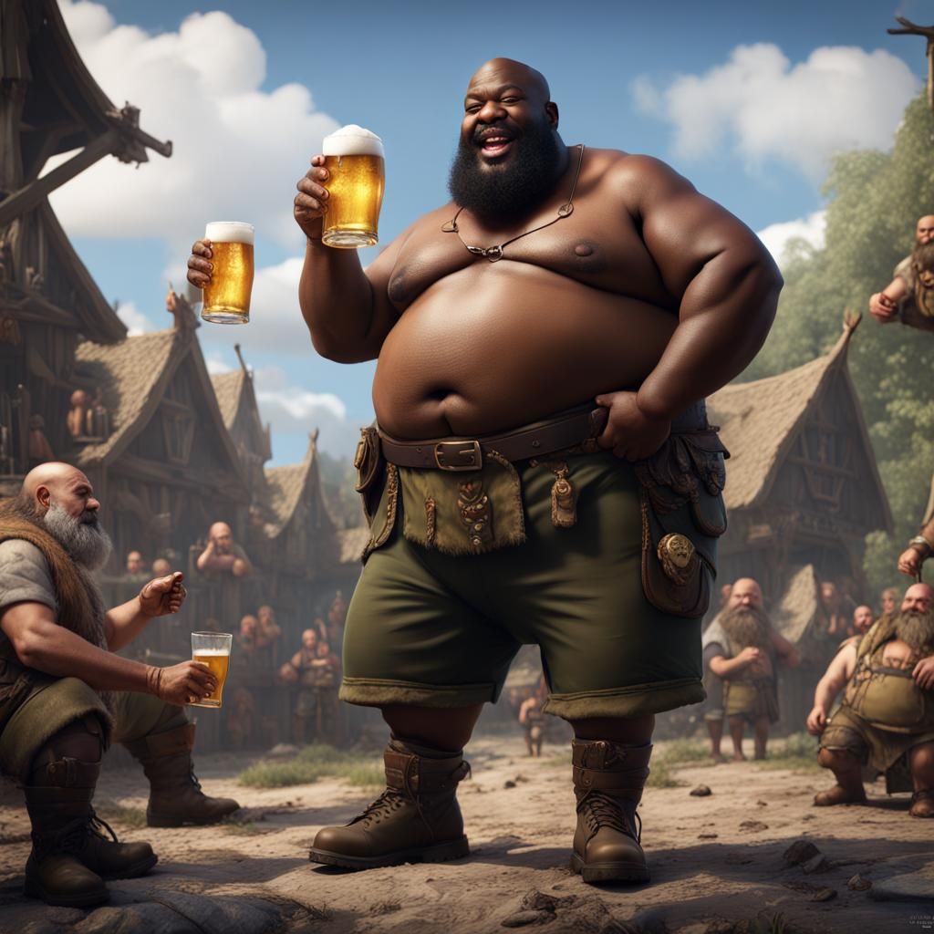 Laughing Man Drinks Beer with Dwarves: Detailed Matte Painti...