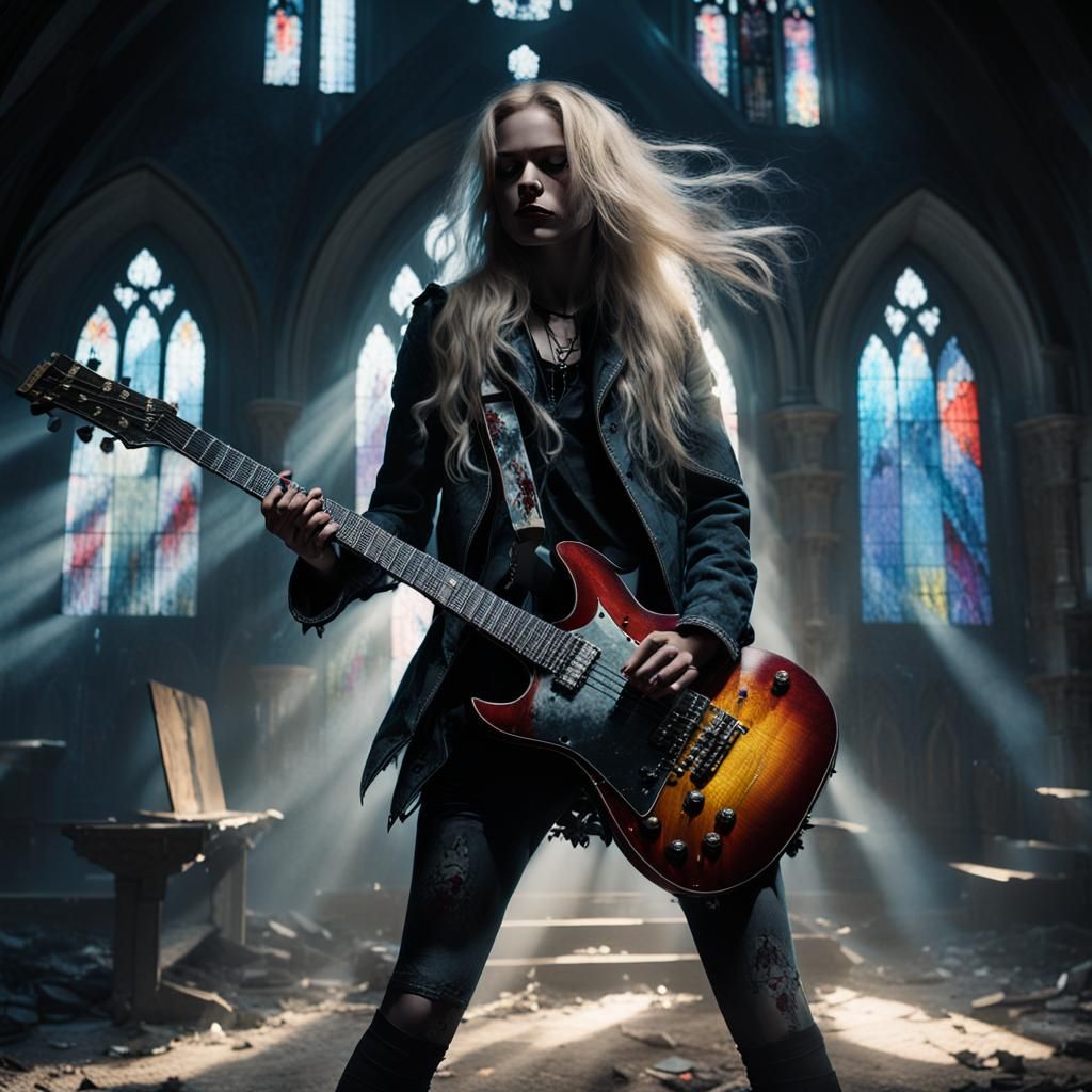 Gothic Woman Plays Guitar in Abandoned Church