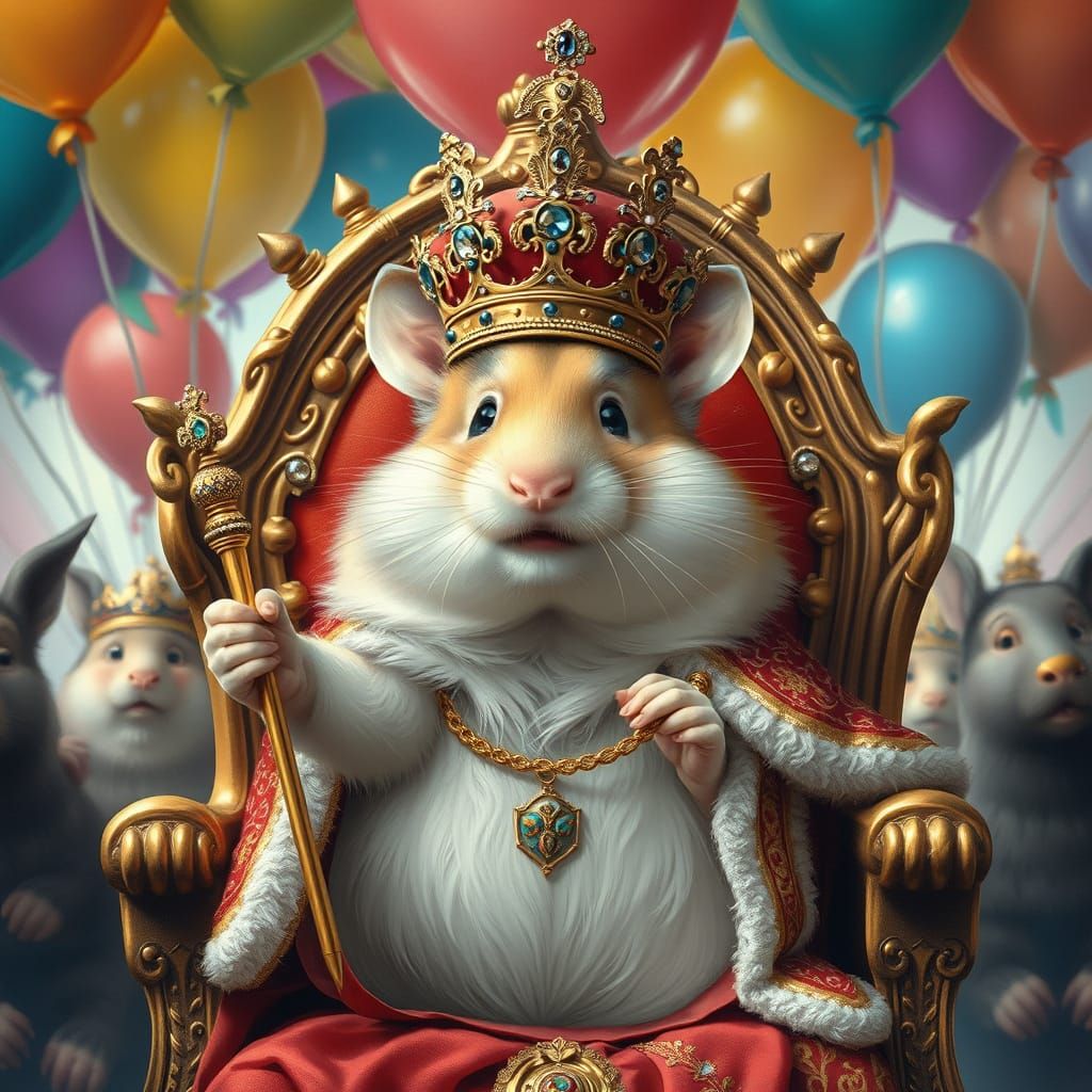 Hamster King on Throne with Balloons, Digital Oil Painting