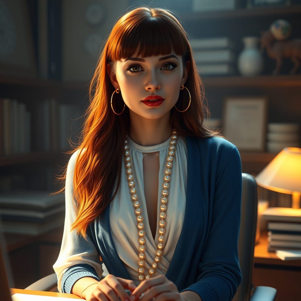 Elegant Redhead in Pearls, Blending Fantasy and Reality