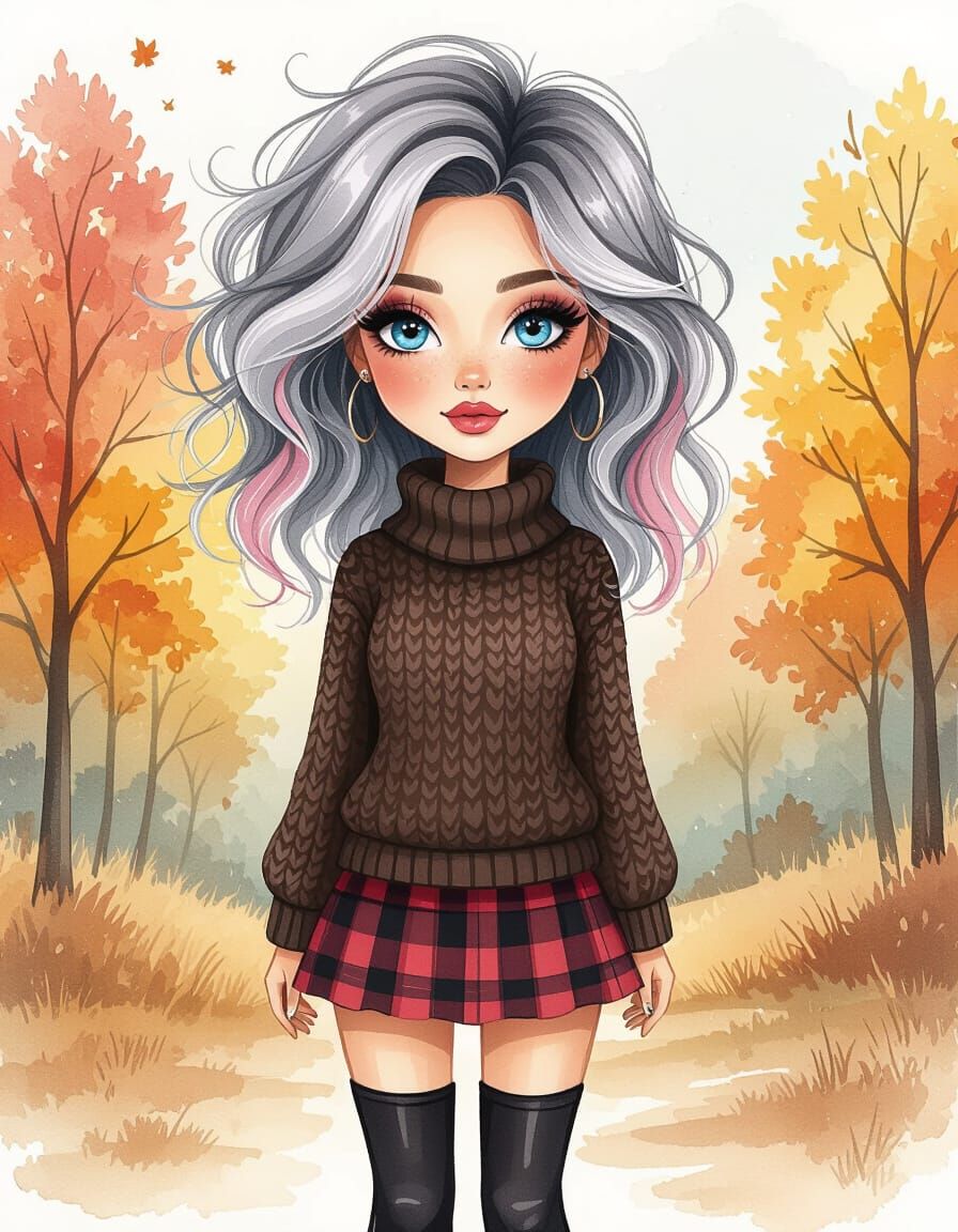 Whimsical Woman in Autumn Scene, Watercolor Style