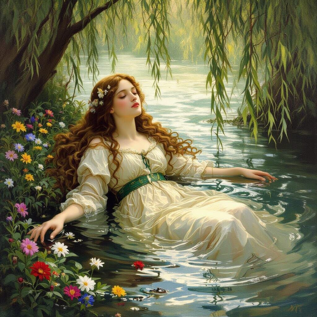 Ophelia Floating in River, Pre-Raphaelite Style