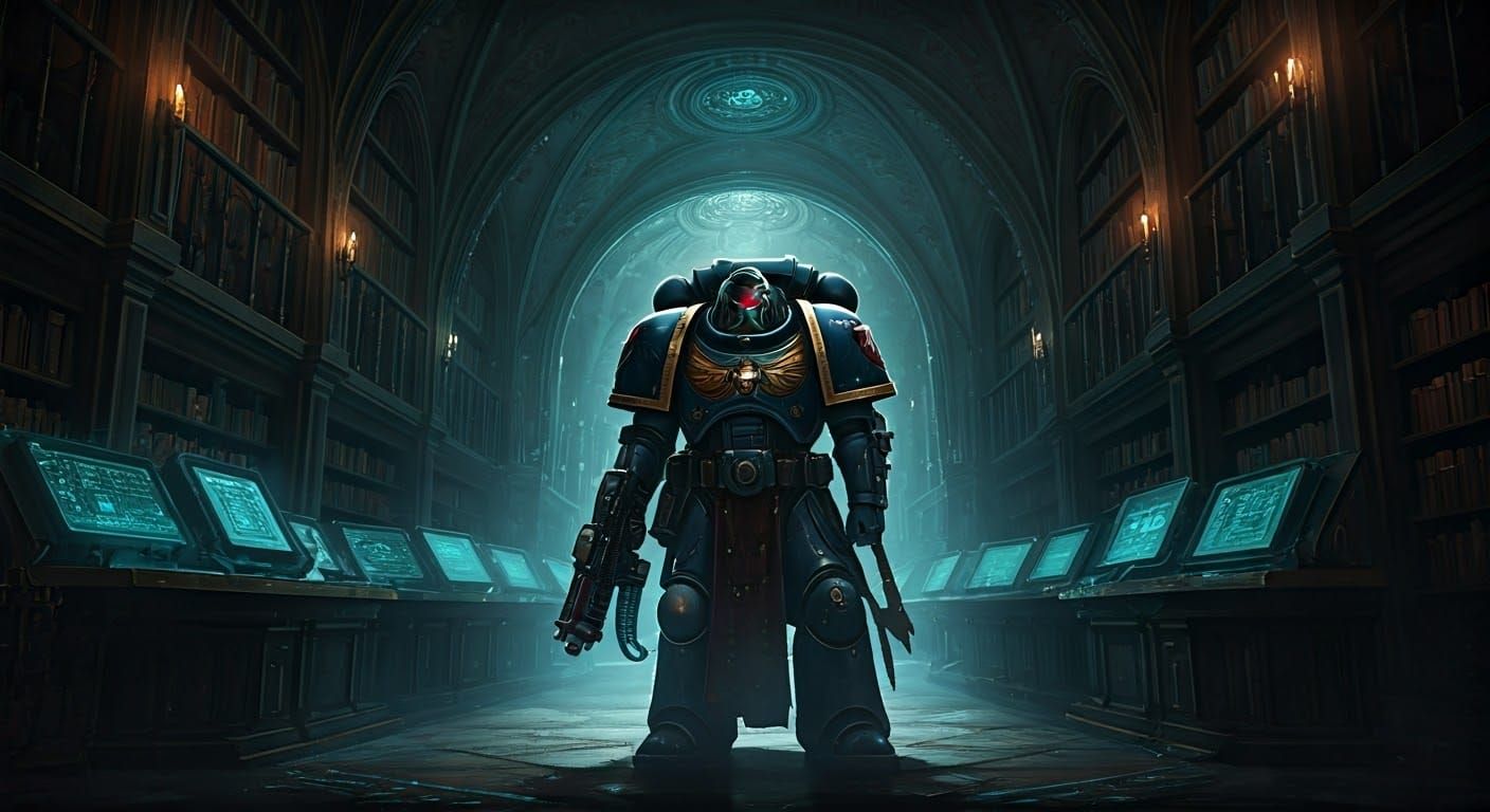 Space Marine Apothecary in Ornate Library, Digital Art
