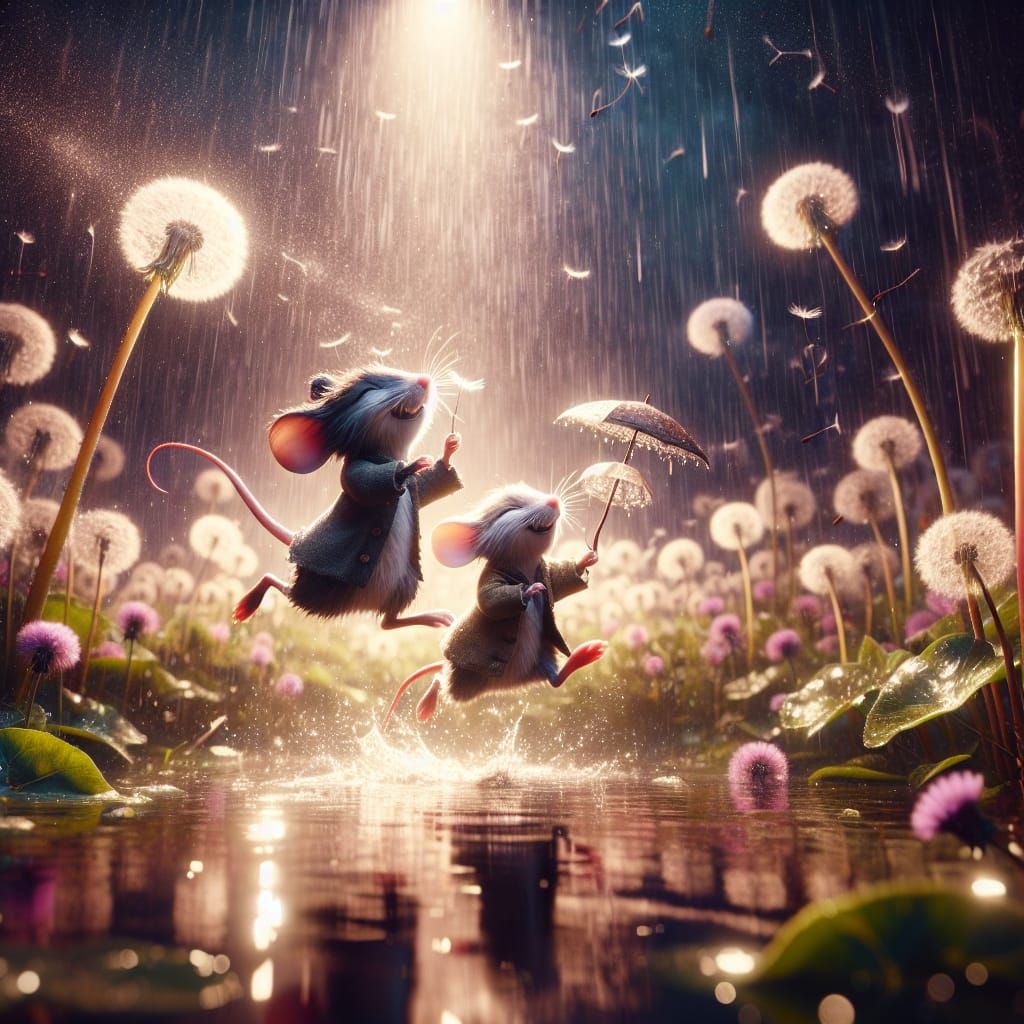 Joyful Country Mice Play in a Dandelion Field on a Rainy Day...