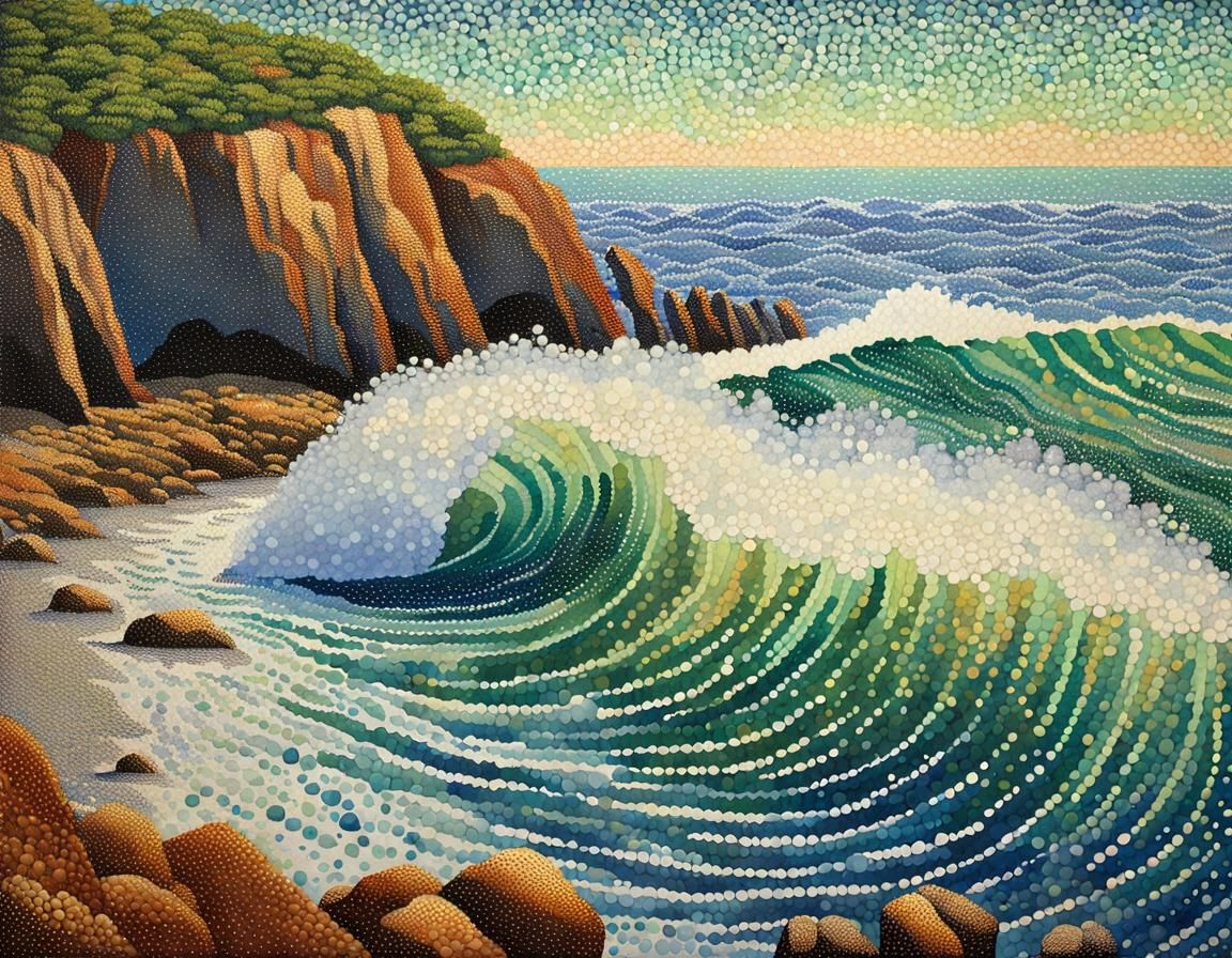 Pointillist Seascape with Crashing Waves