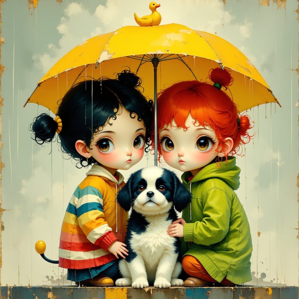 Two Big-Eyed Girls Under a Duck Umbrella with Puppy