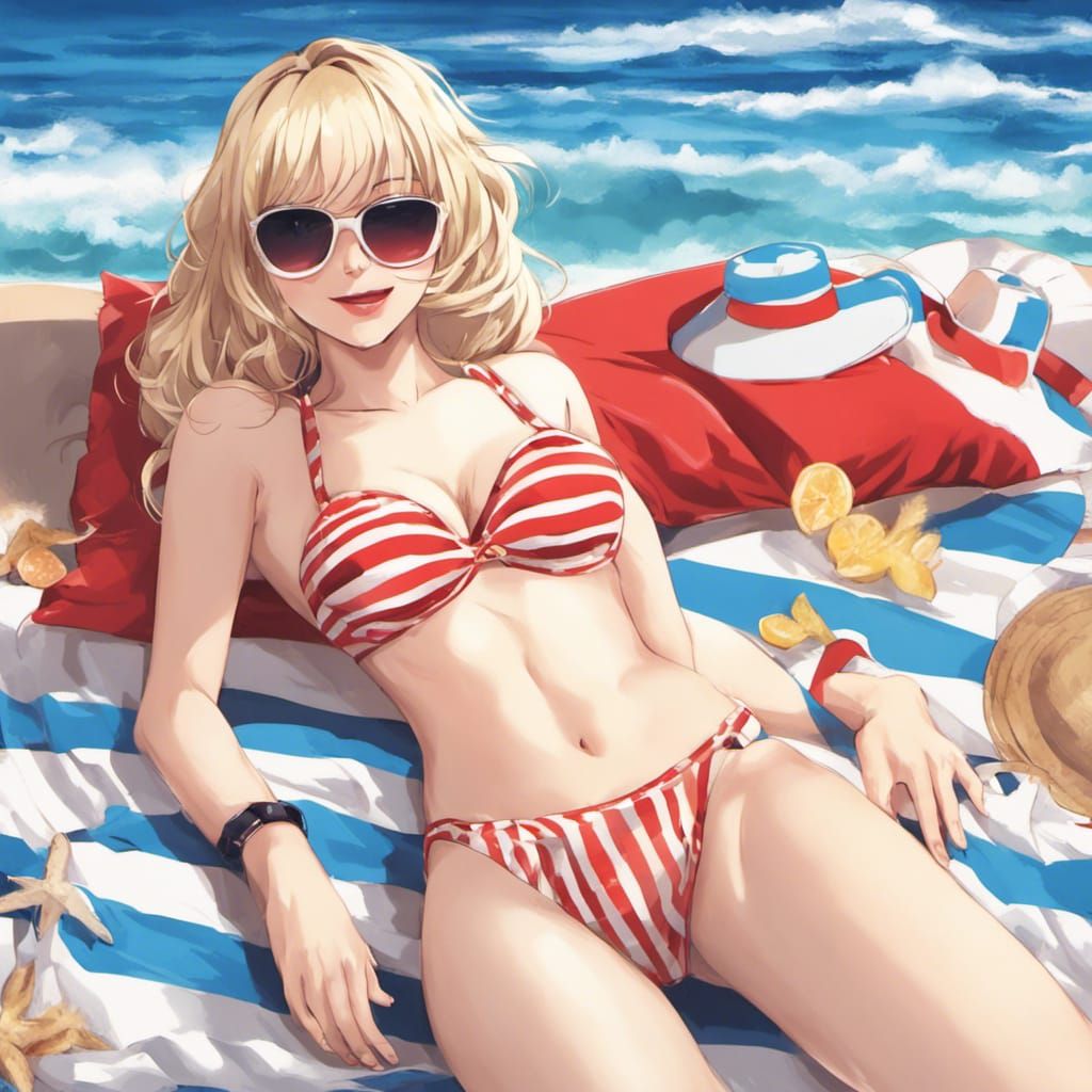 Blonde Woman Sunbathing on Beach in Anime Style