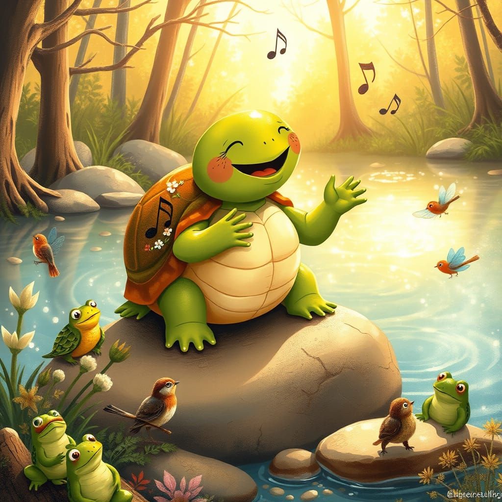 Singing Turtle Concert in Whimsical Illustration Style