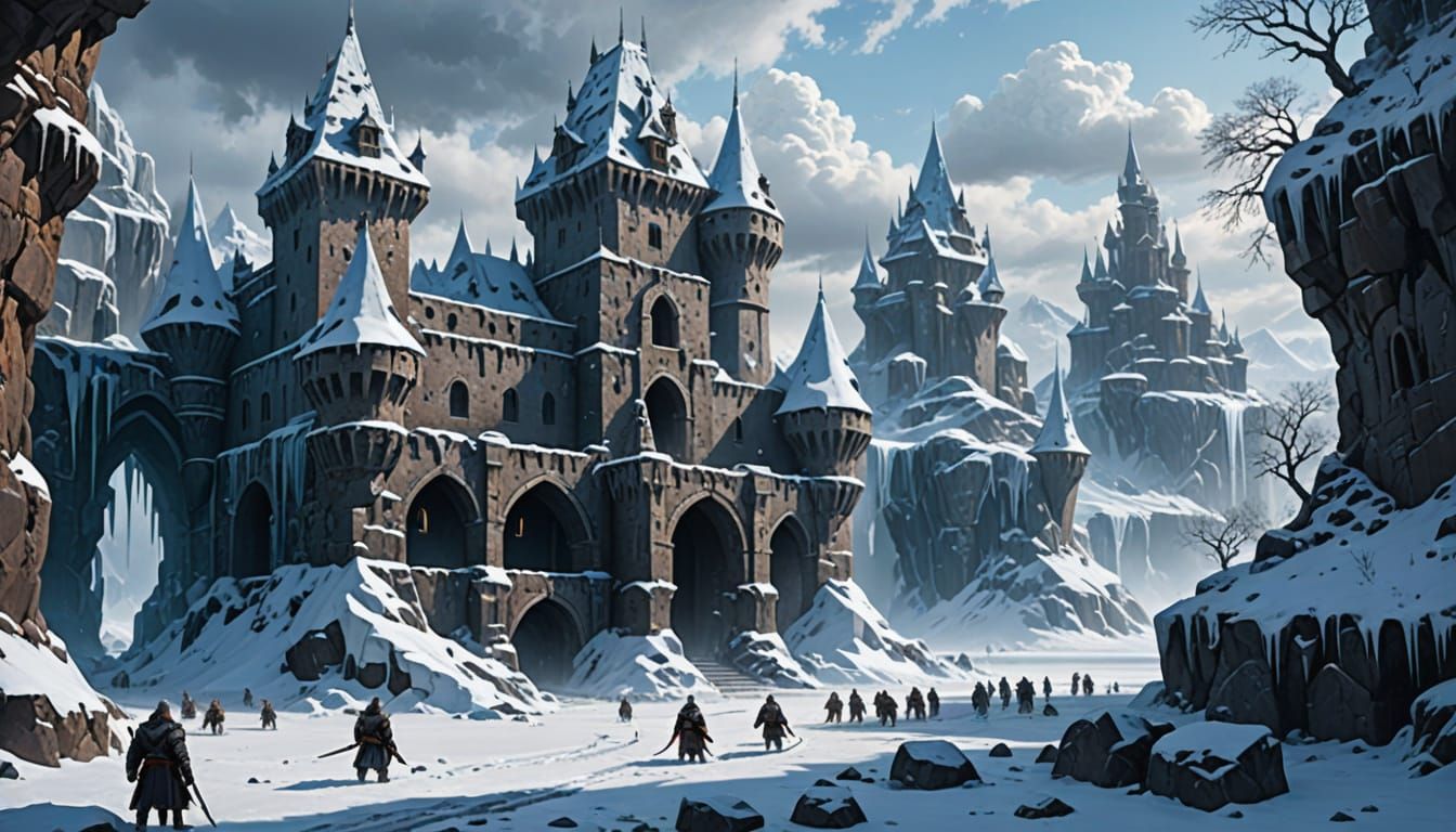 Fantasy Ice-Dwarves Guard Ruined Fortress in Frosty Winter K...