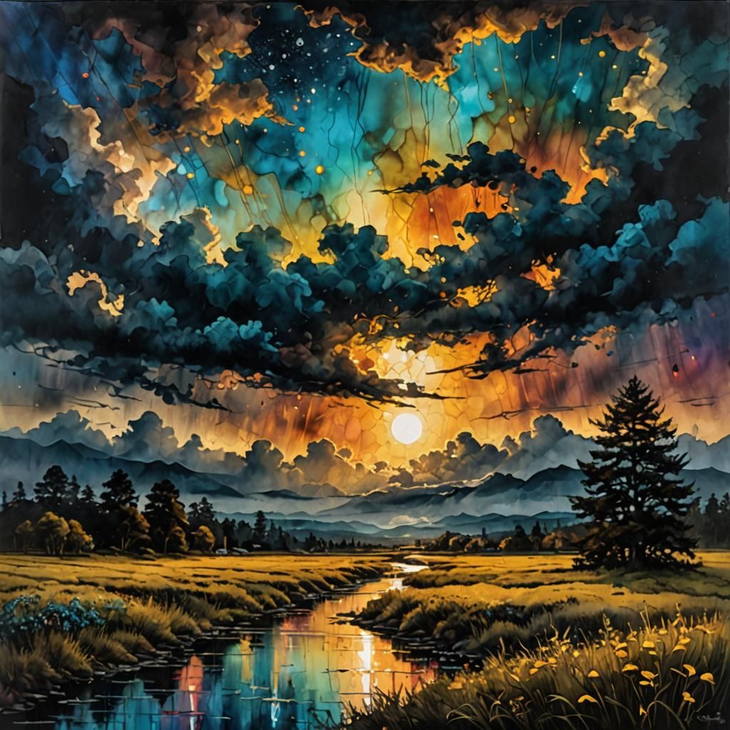 Moody Skyline in Mixed Media Alcohol Ink Style