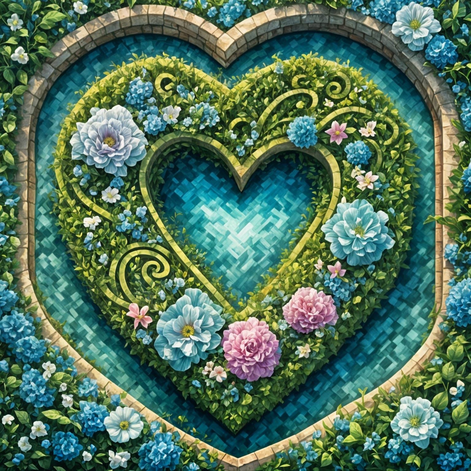 Heart-Shaped Morning Glory Maze in Pastel Tapestry Style