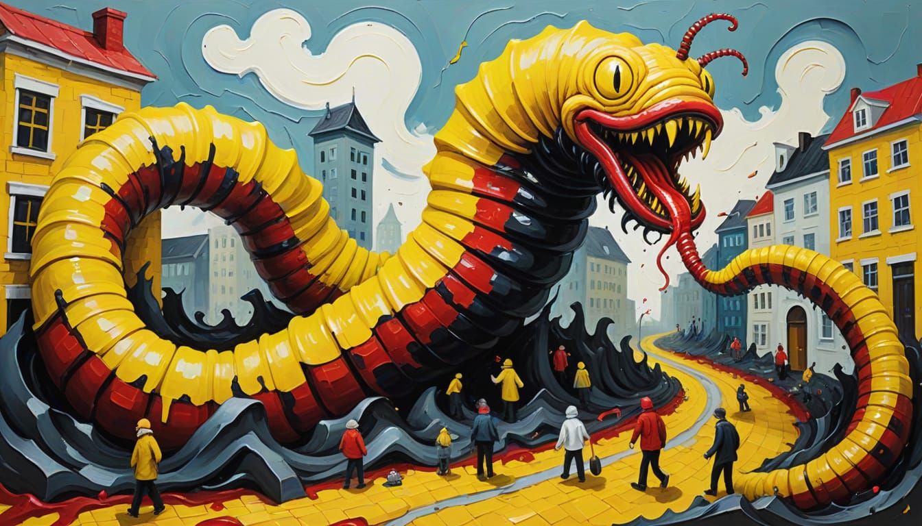 Surreal Colossal Worm Emerges from Ground in Heavy Impasto S...