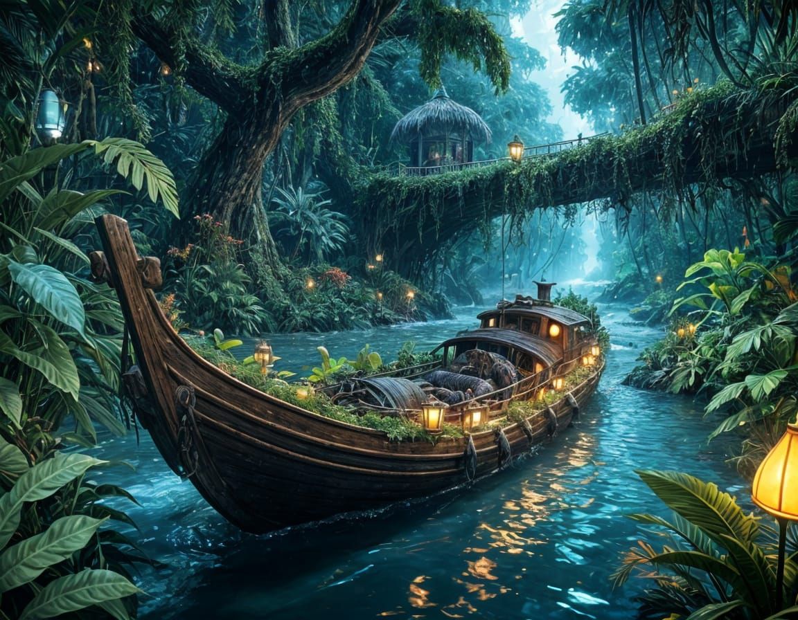 Bioluminescent Jungle River with Ornate Boat