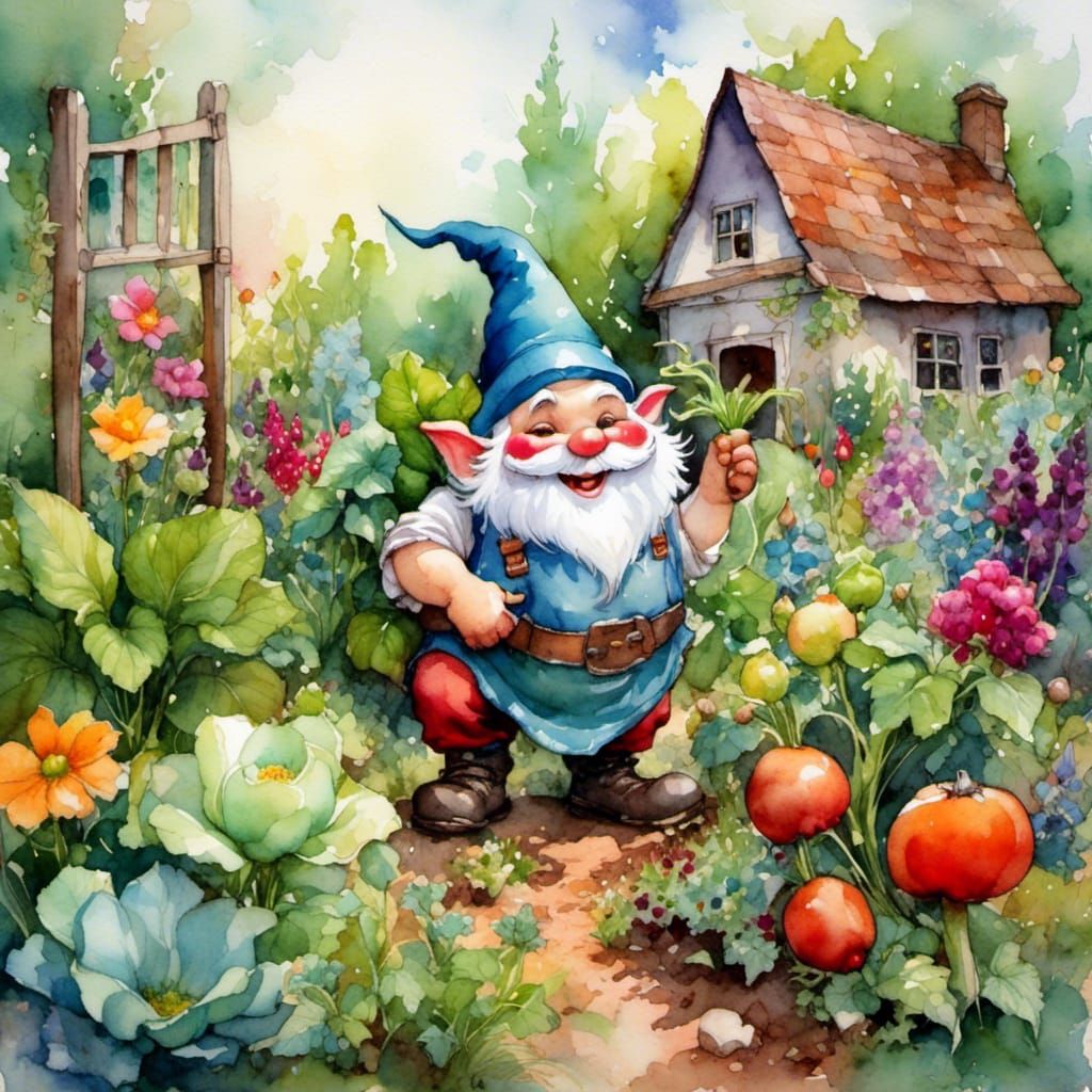 Smiling Gnome Tending Vegetable Garden