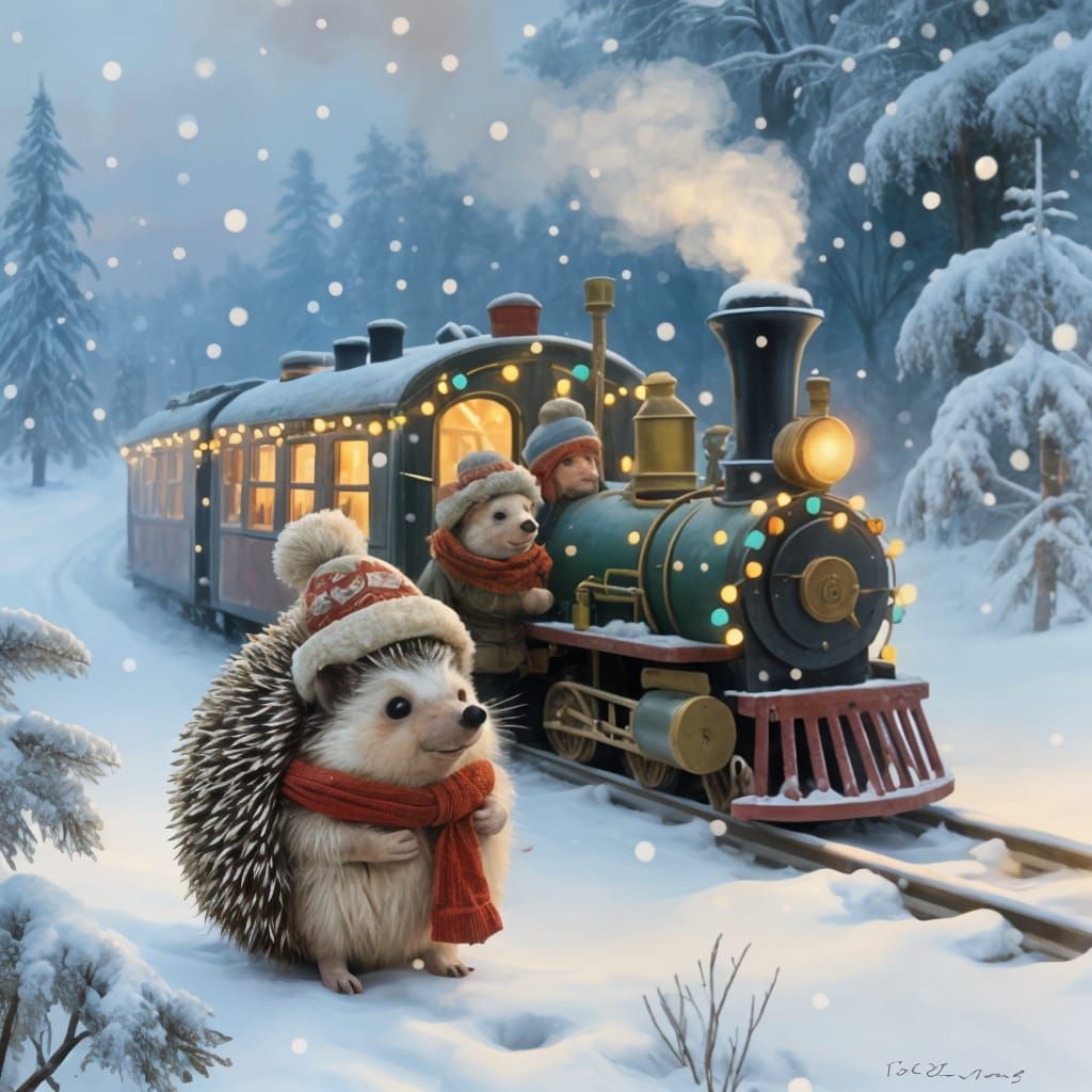 Hedgehogs Boarding a Festive Winter Train