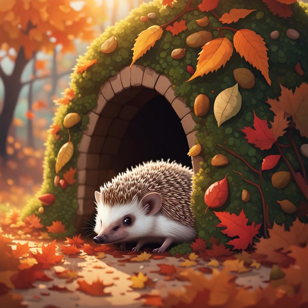 Hedgehog's Autumn Home in Anime Style
