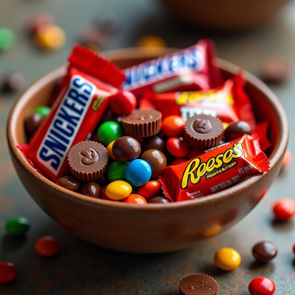 Hyperrealistic Macro Photograph of Halloween Candy Bowl