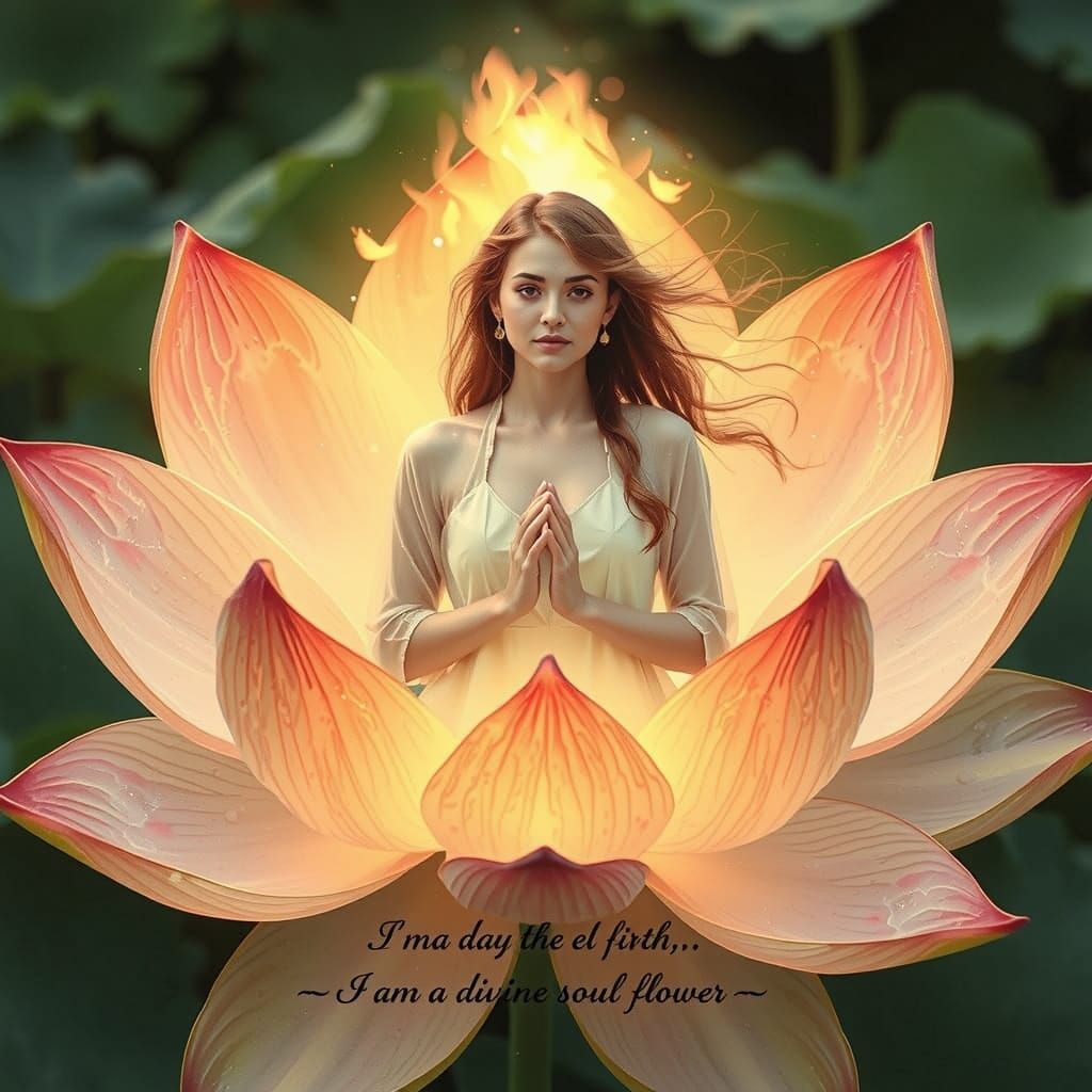 Ethereal Goddess in Lotus Bloom with Divine Text