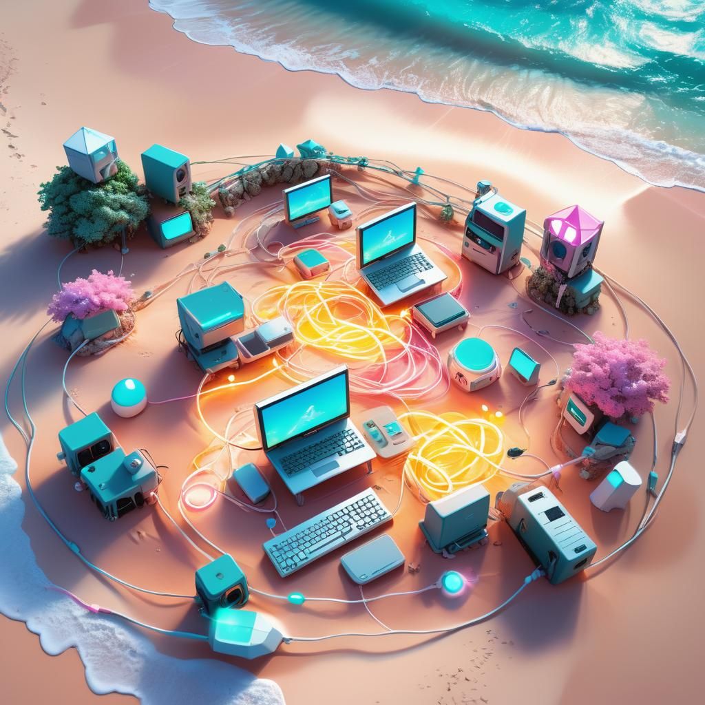 Chibi Computer Network on Bermuda Beach in 3D Anime Style