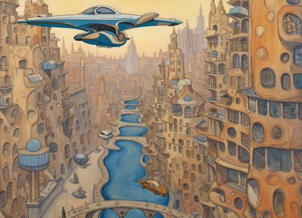 Futuristic boat flying over a futuristic city designed with Gaudi and Louis Majorelle style