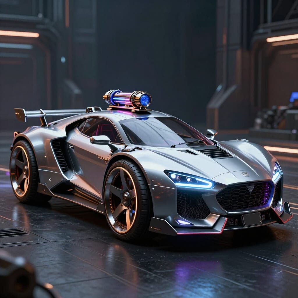 Cyberpunk Time Machine Car with Neon Warp Engine