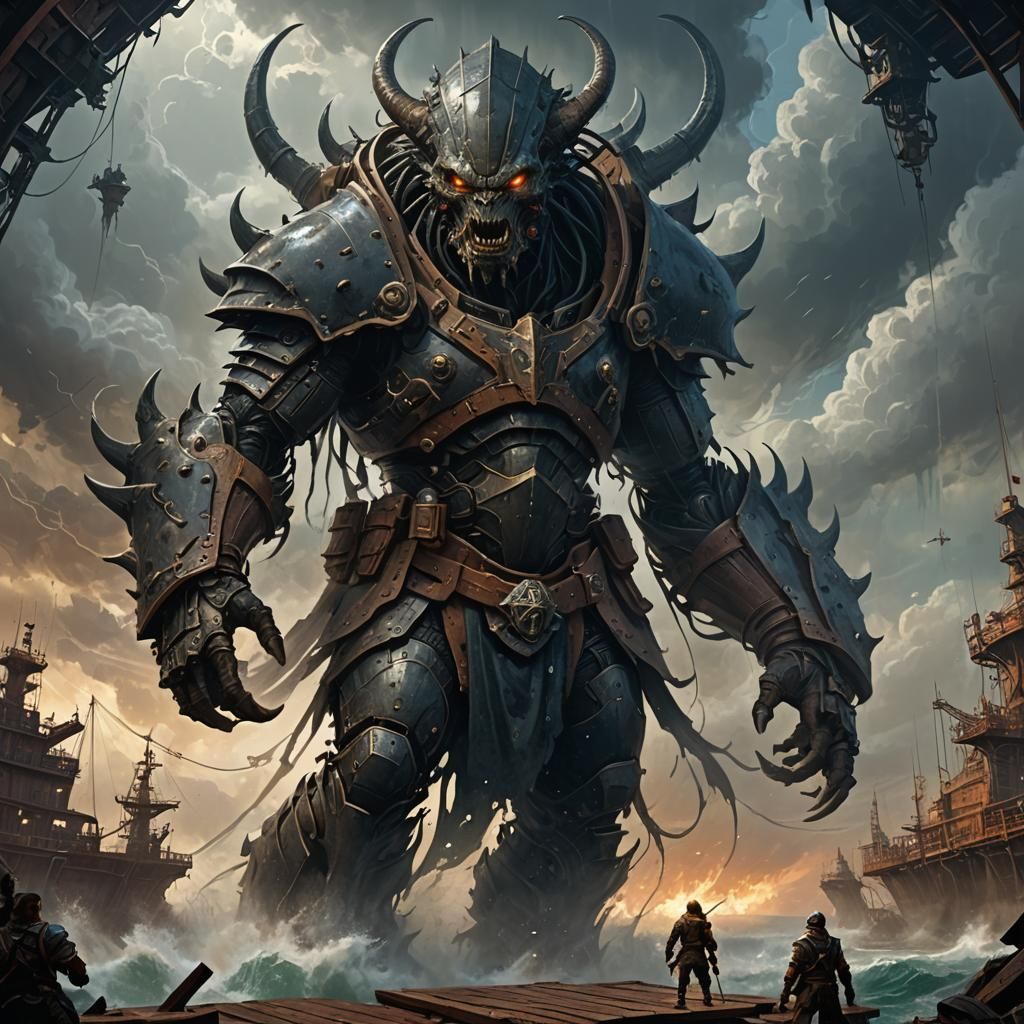 Alien Berserker Assaults Oil Rig Deck: Dark Fantasy Art