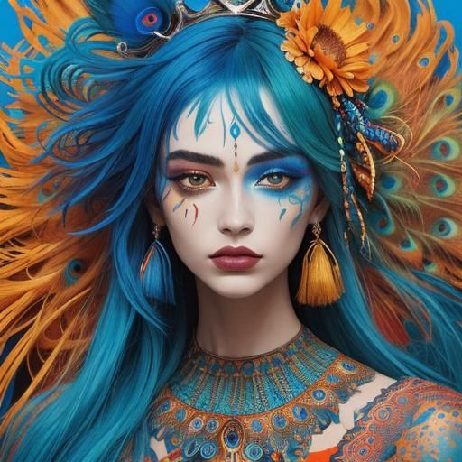 Abstract Expressionist Woman with Peacock Feathers