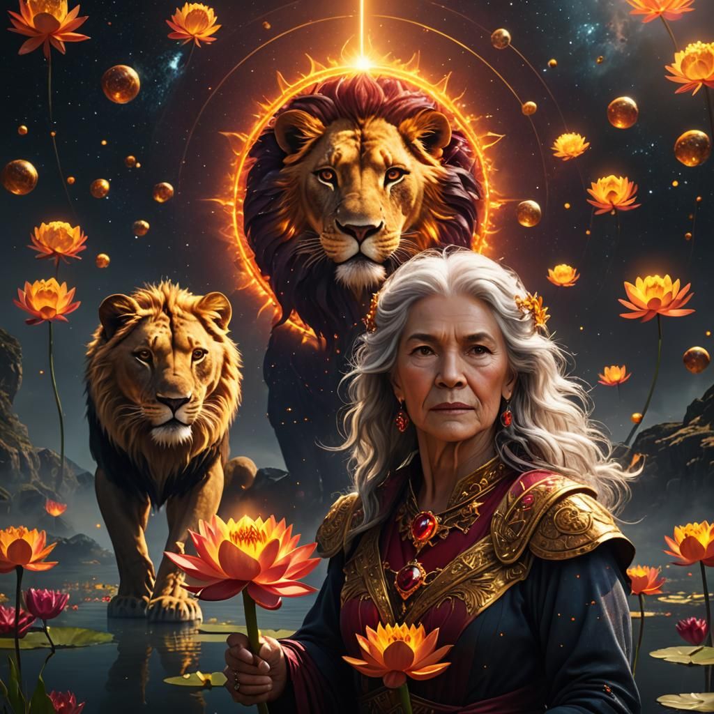 Woman with Sun, Leo Constellation, and Ruby