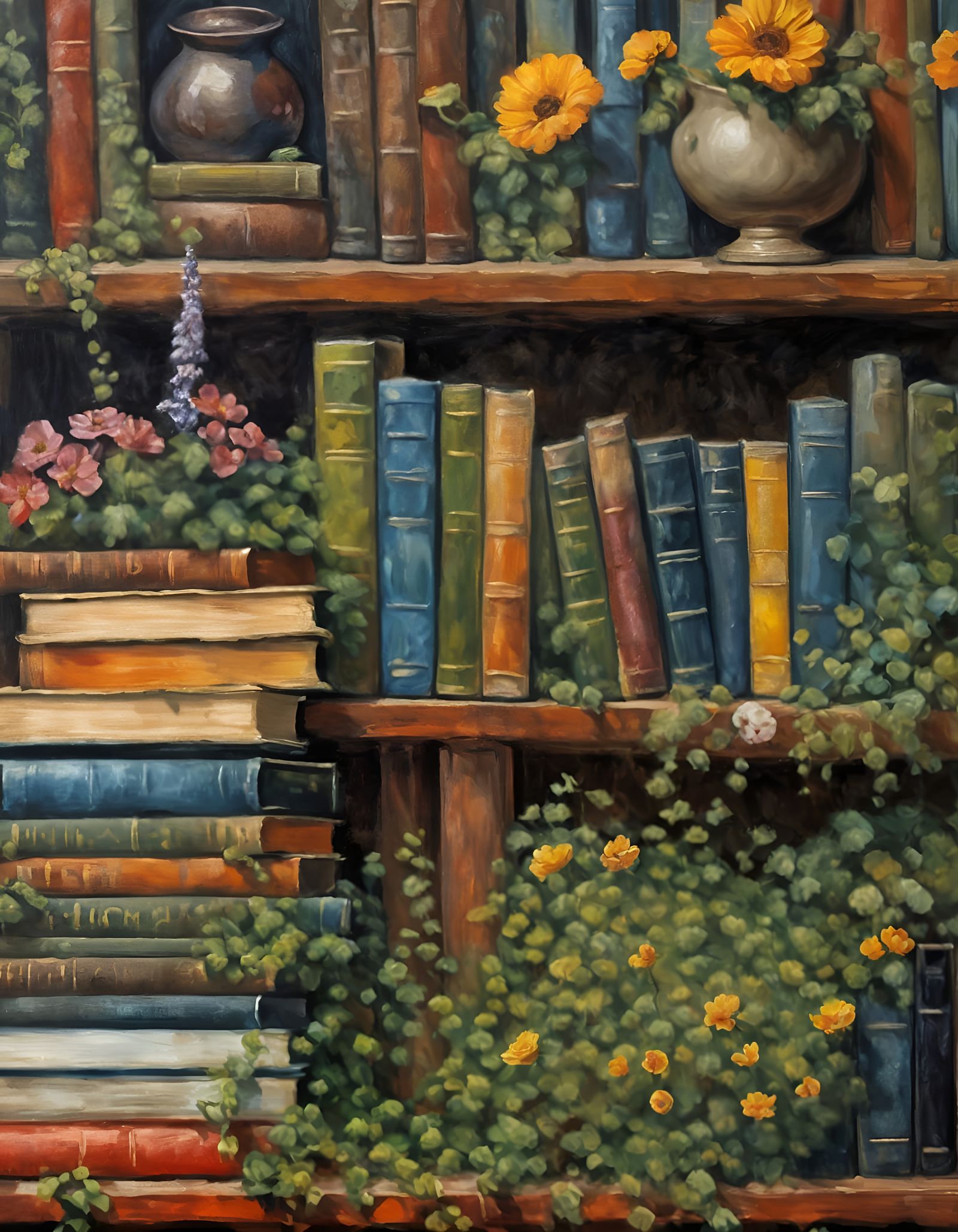 Lush Bookshelf with Flowers and Moss in Impasto Style