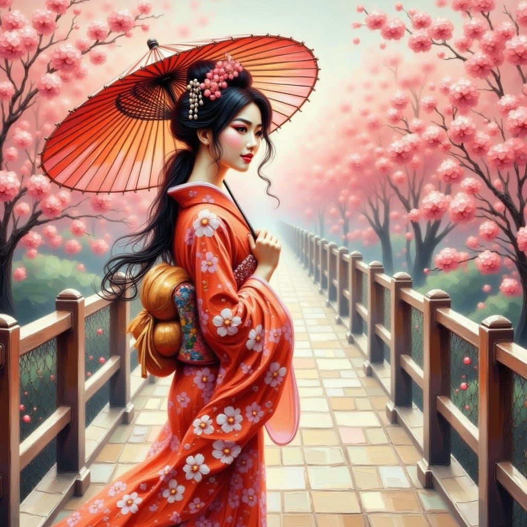Geisha in Cherry Blossom Kimono, Ukiyo-e Style