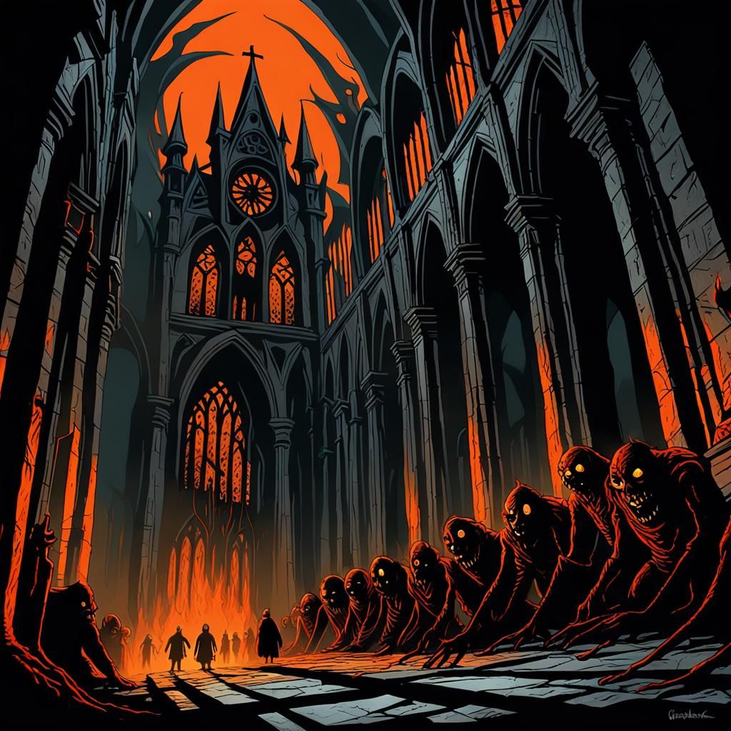 Grotesque Creatures in a Haunted Cathedral
