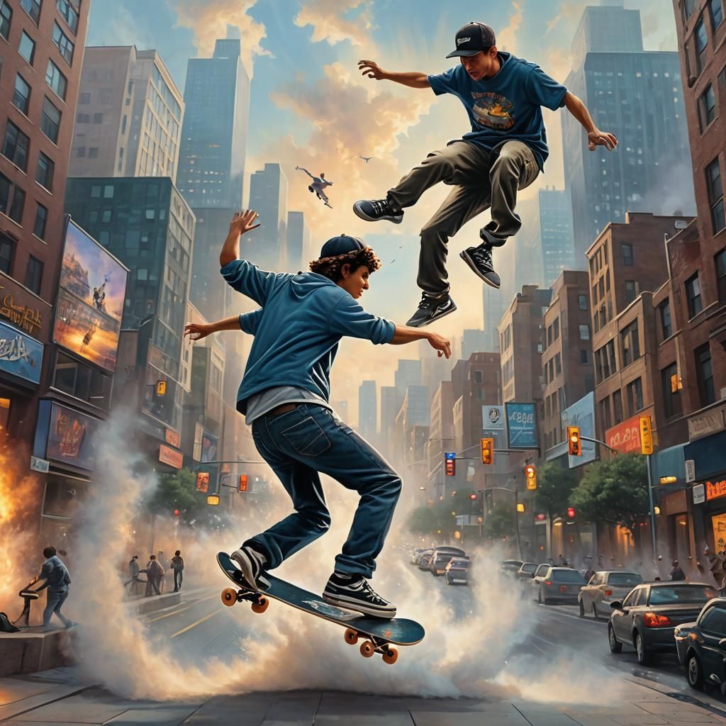 Skateboarder Mid-Kickflip in Hyperdetailed Urban Scene
