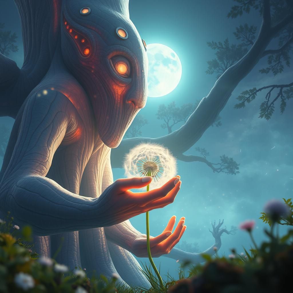 Translucent Giant Ent with Dandelion in Anime Style