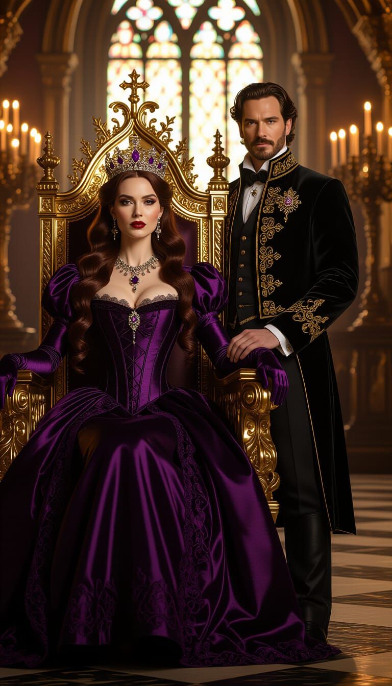Royal Couple in Gothic Throne Hall with Candlelight