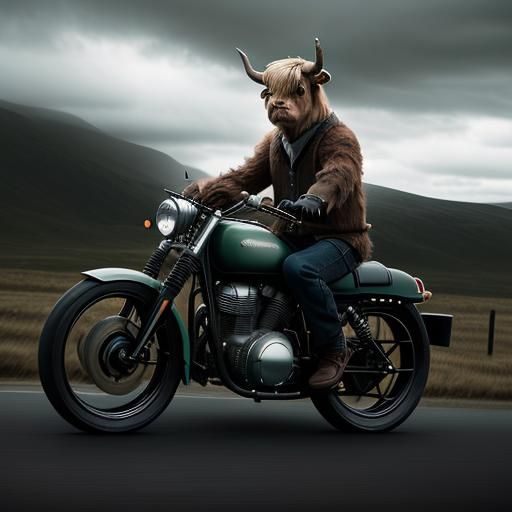 Highland Cow on Motorcycle: Hyperrealistic 64MP Image