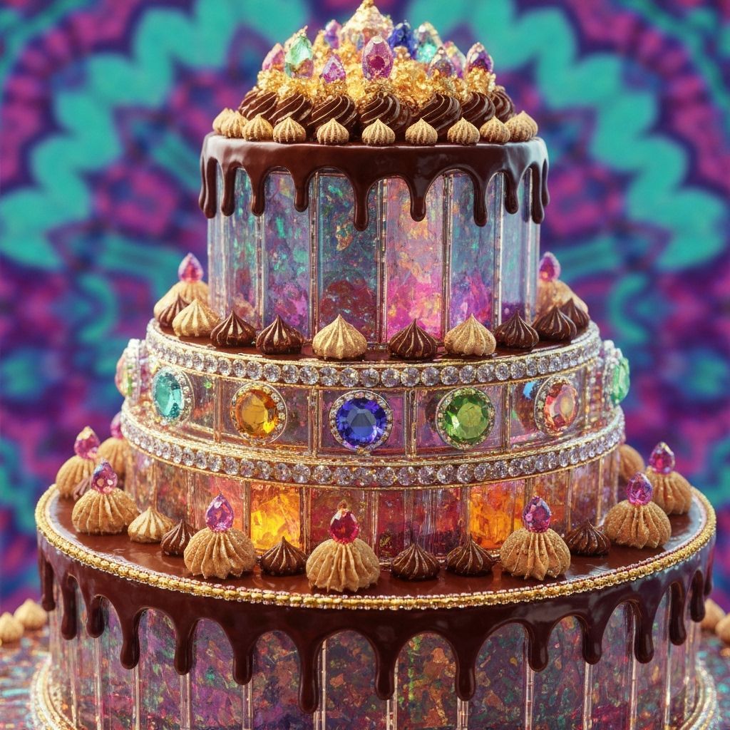 Glass and Gemstone Chocolate Cake in Hyperrealistic Style