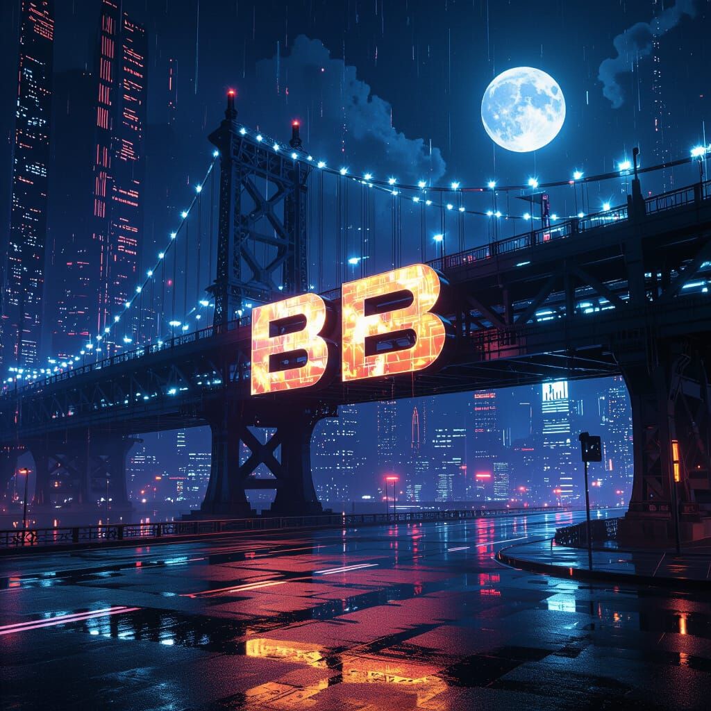 Cyberpunk Crypto Bridge With Neon Lights And BB Logo