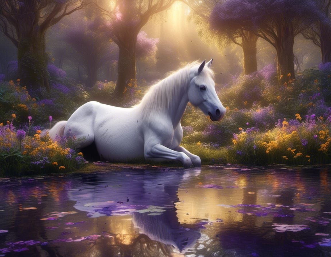 Unicorn Foal in Enchanted Forest, Dark Fantasy Art