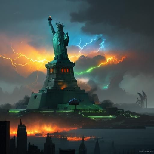 Statue of Liberty vs Godzilla: Epic Oil Painting