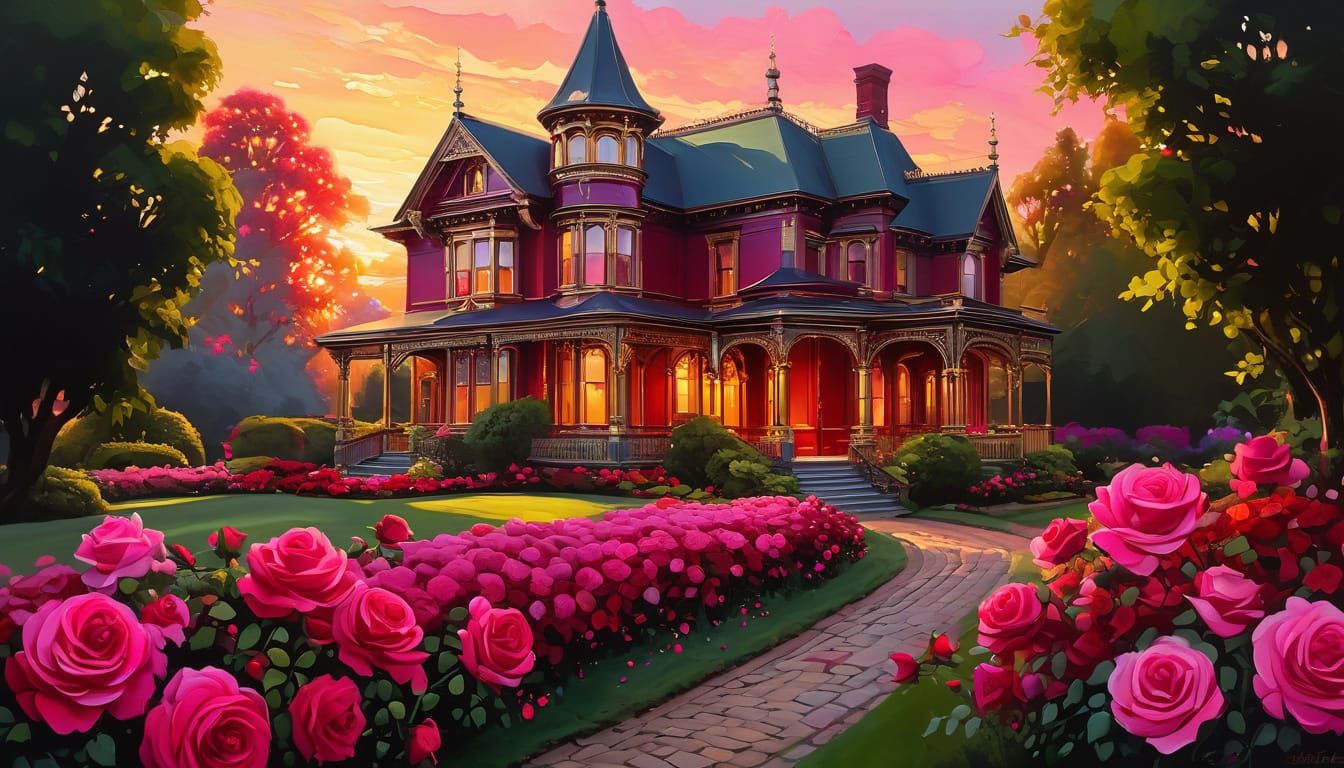 Victorian House with Vibrant Rose Garden in Alcohol Ink Styl...