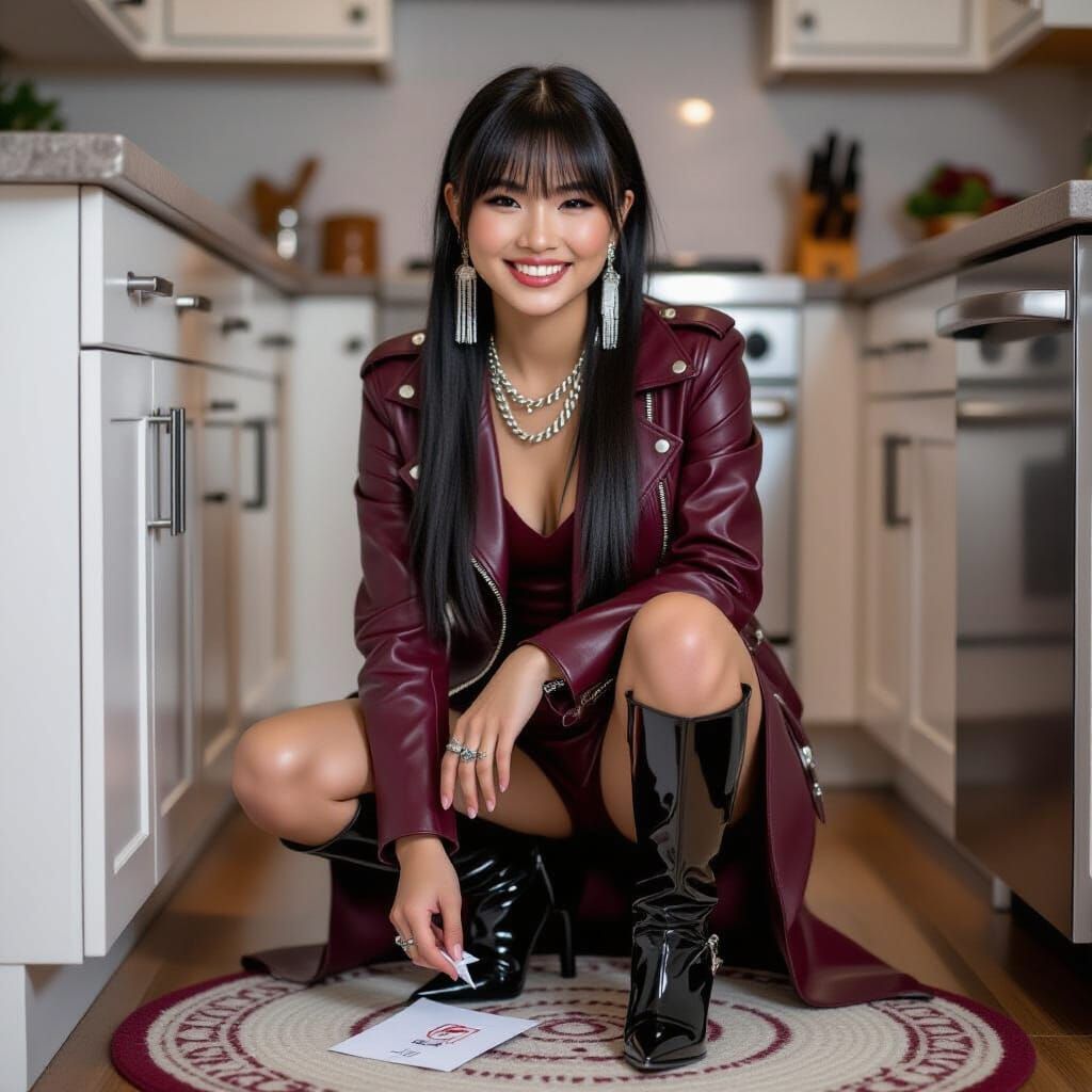 Smiling Teenager in Burgundy Leather, Photorealistic Style