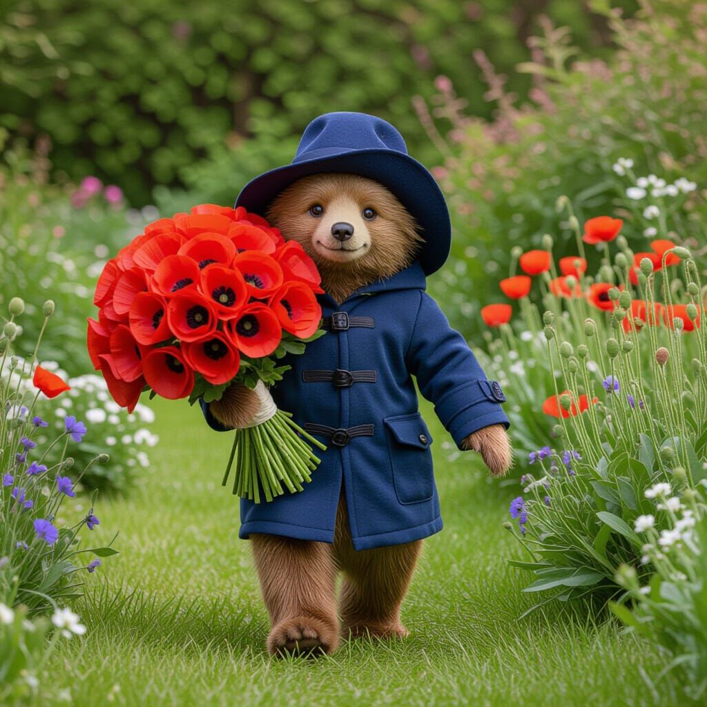 Paddington Bear Carries Red Poppies Through a Garden