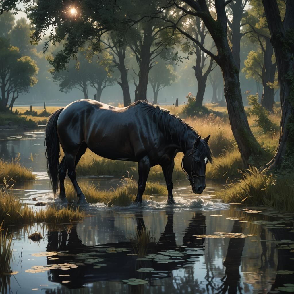 Black Horse in Field with Bokeh, Oil Paint Style