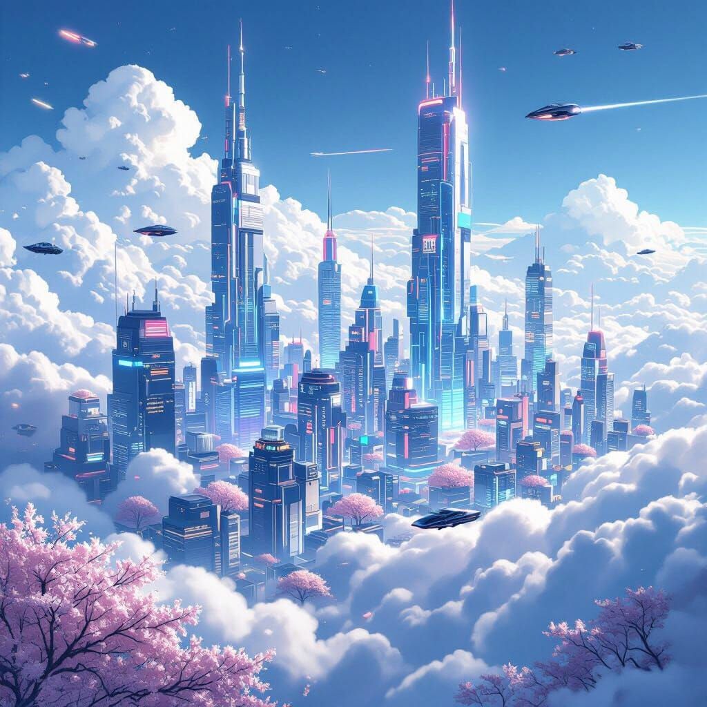 Futuristic Anime City Floating in the Clouds
